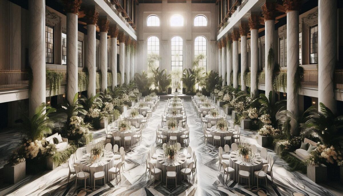 Indoor venues with marble floors, columns and greenery centerpiece