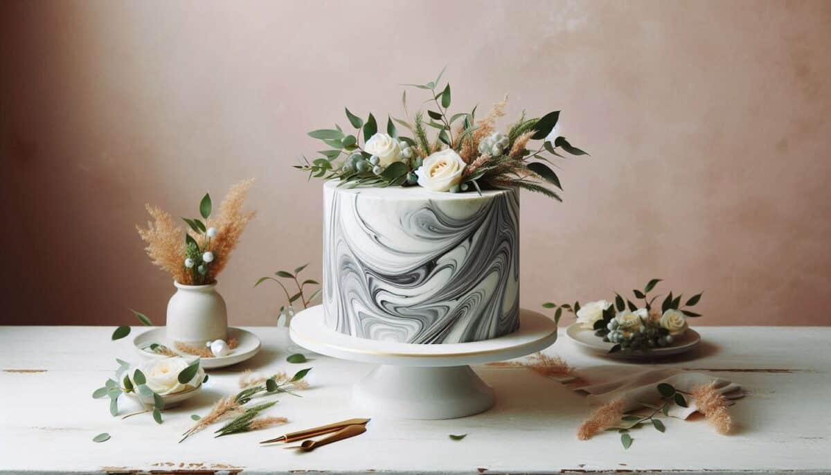 Classy wedding cake with marble frosting and real flower topper