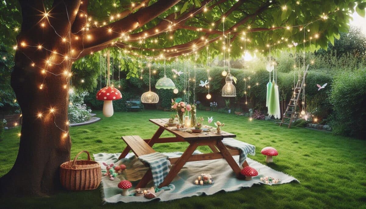 Dreamy Backyard Fairy Birthday Invitation with such warm string lights setup