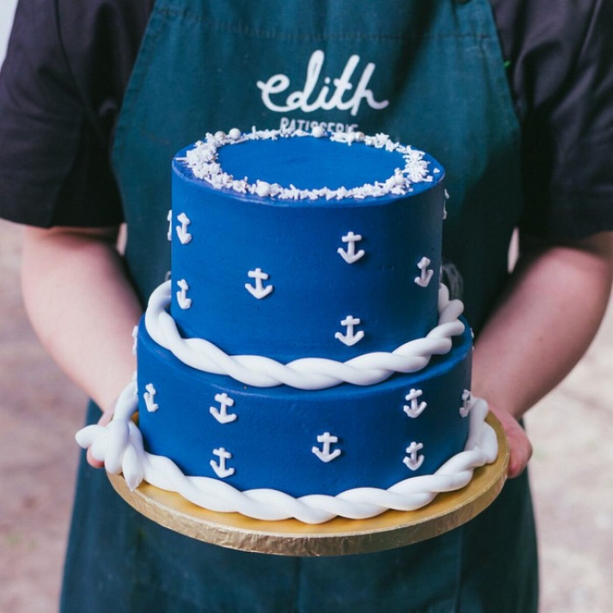 2-Tiered Blue Navy Nautical Birthday Cake with edible anchors