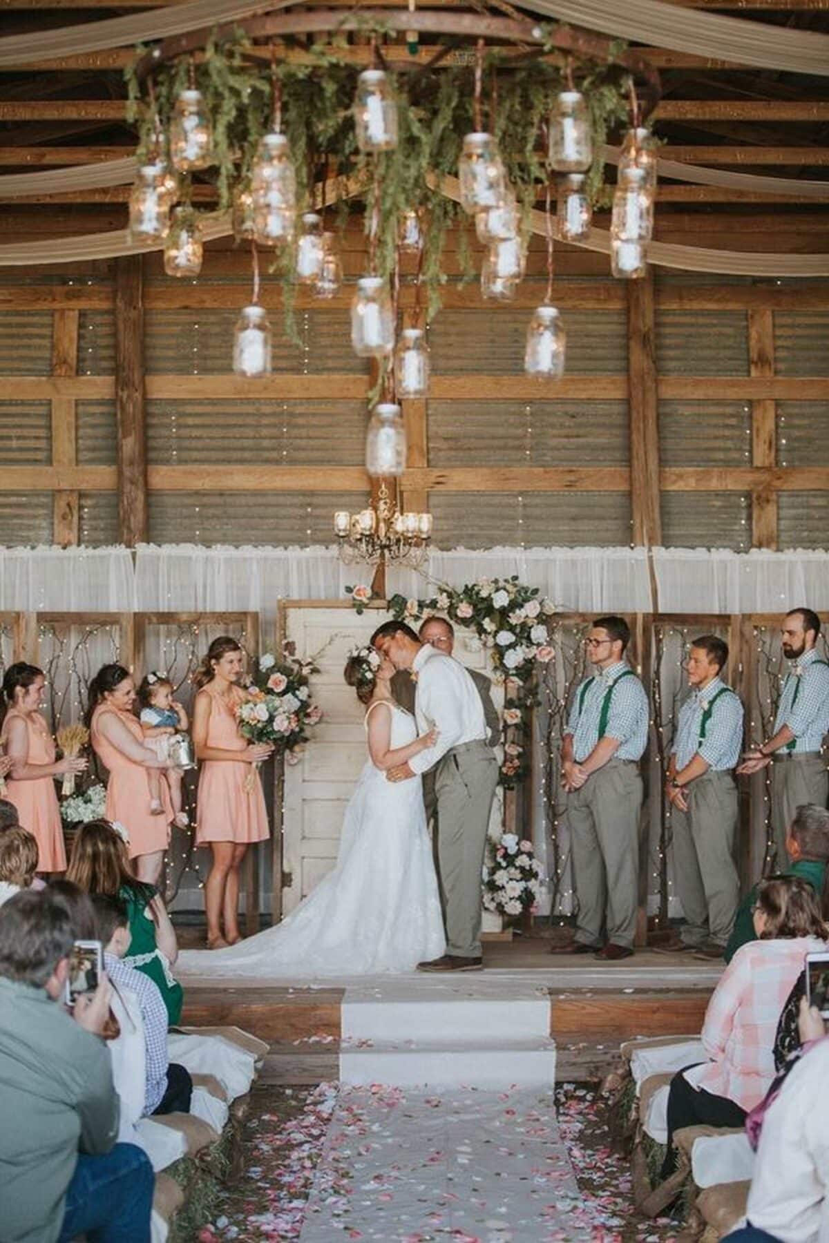 Beautiful Bride & Groom with their Bridesmaids in rustic Country Farm Wedding