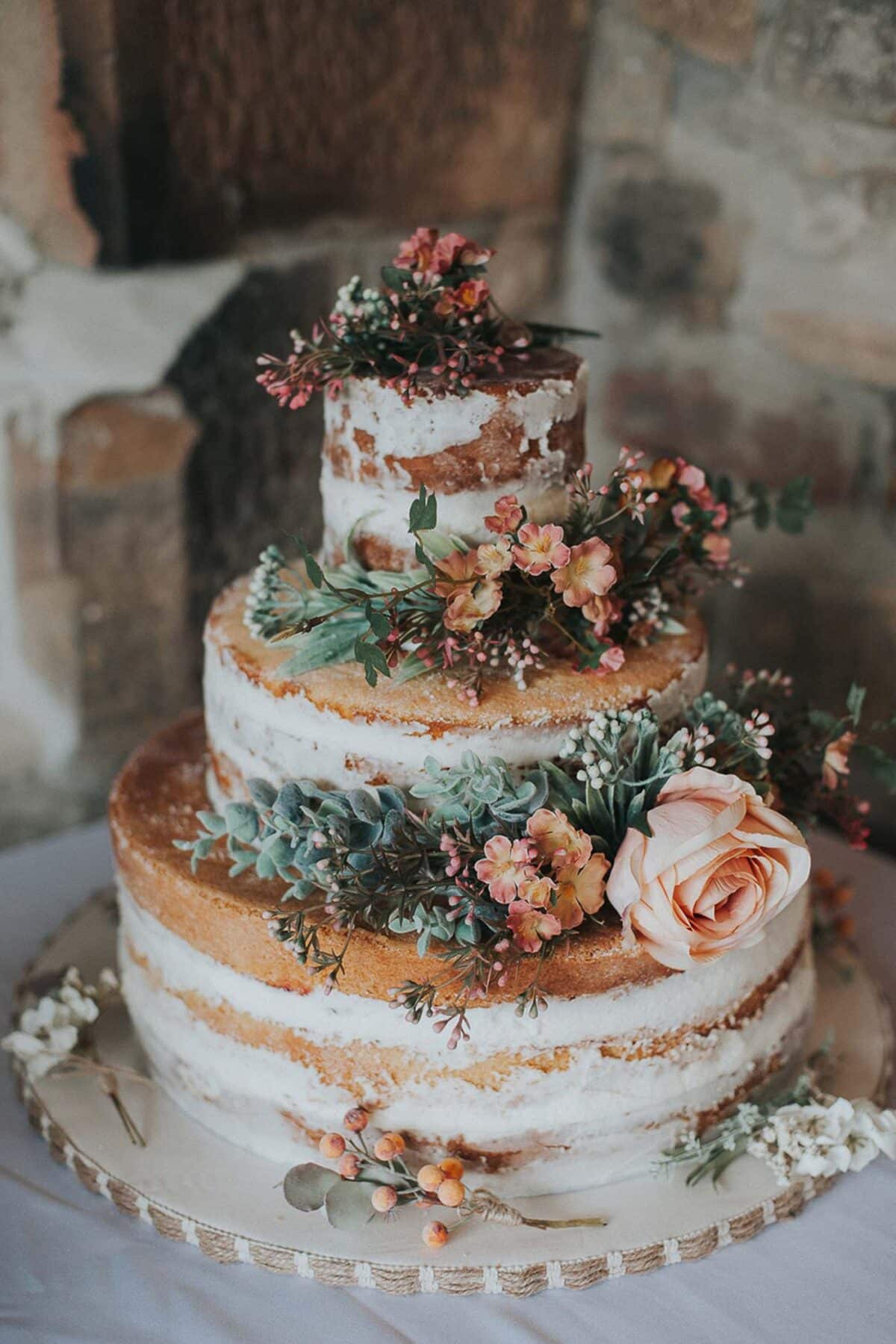 Rustic Floral Naked Wedding Cake