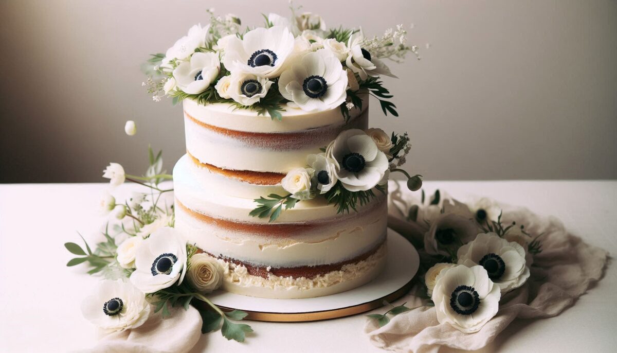 a classic white cake adorned with fresh anemones