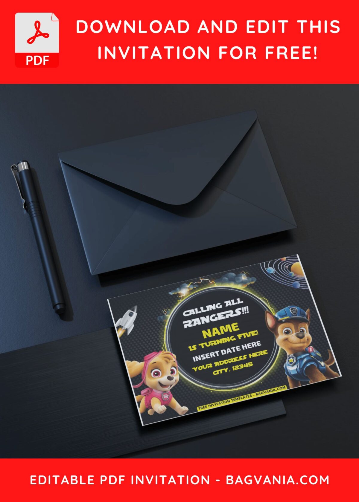 Paw Patrol Space Themed Birthday Invitation