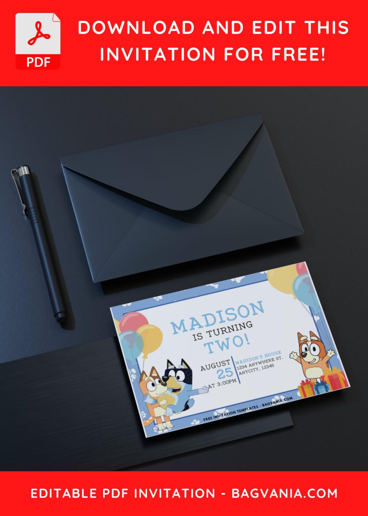 Bluey Paws Birthday Invitation with colorful balloons