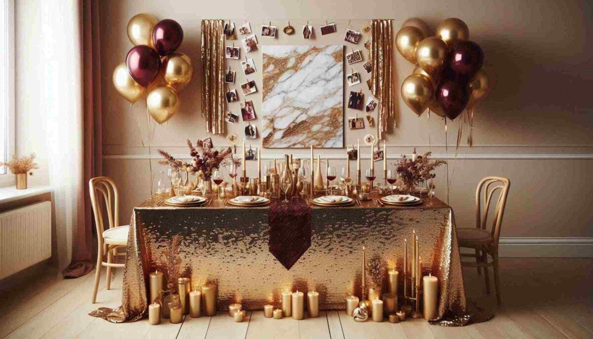 twinkling fairy lights, gold balloons, and tables adorned with greenery and marble-patterned napkins