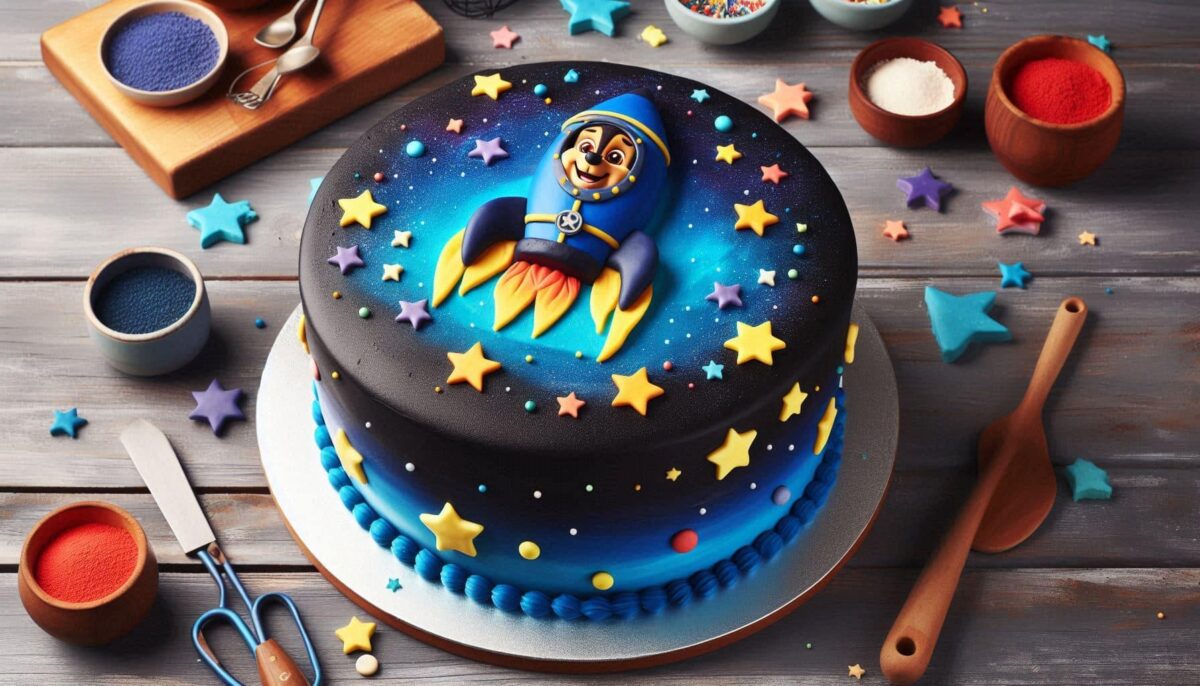 deep blue space themed birthday cake with edible stars fondant and Paw patrol chase inside a Space rocket