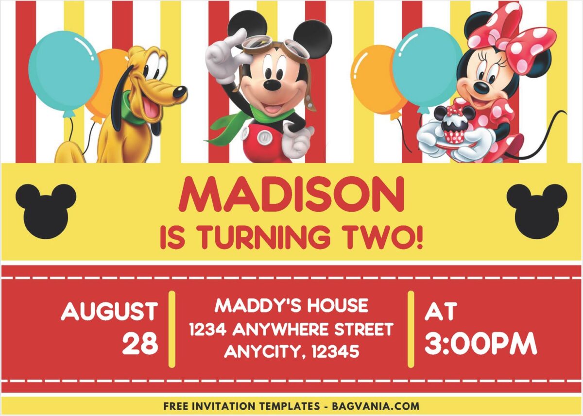 Mickey Mouse Yellow And Red Stripes Birthday Invitation 