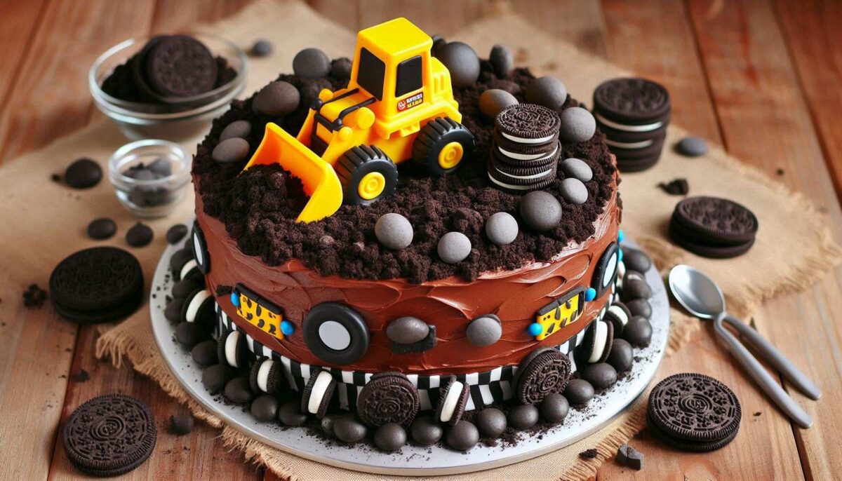 Construction Birthday Cake with edible Oreo dirt, candy rock and more