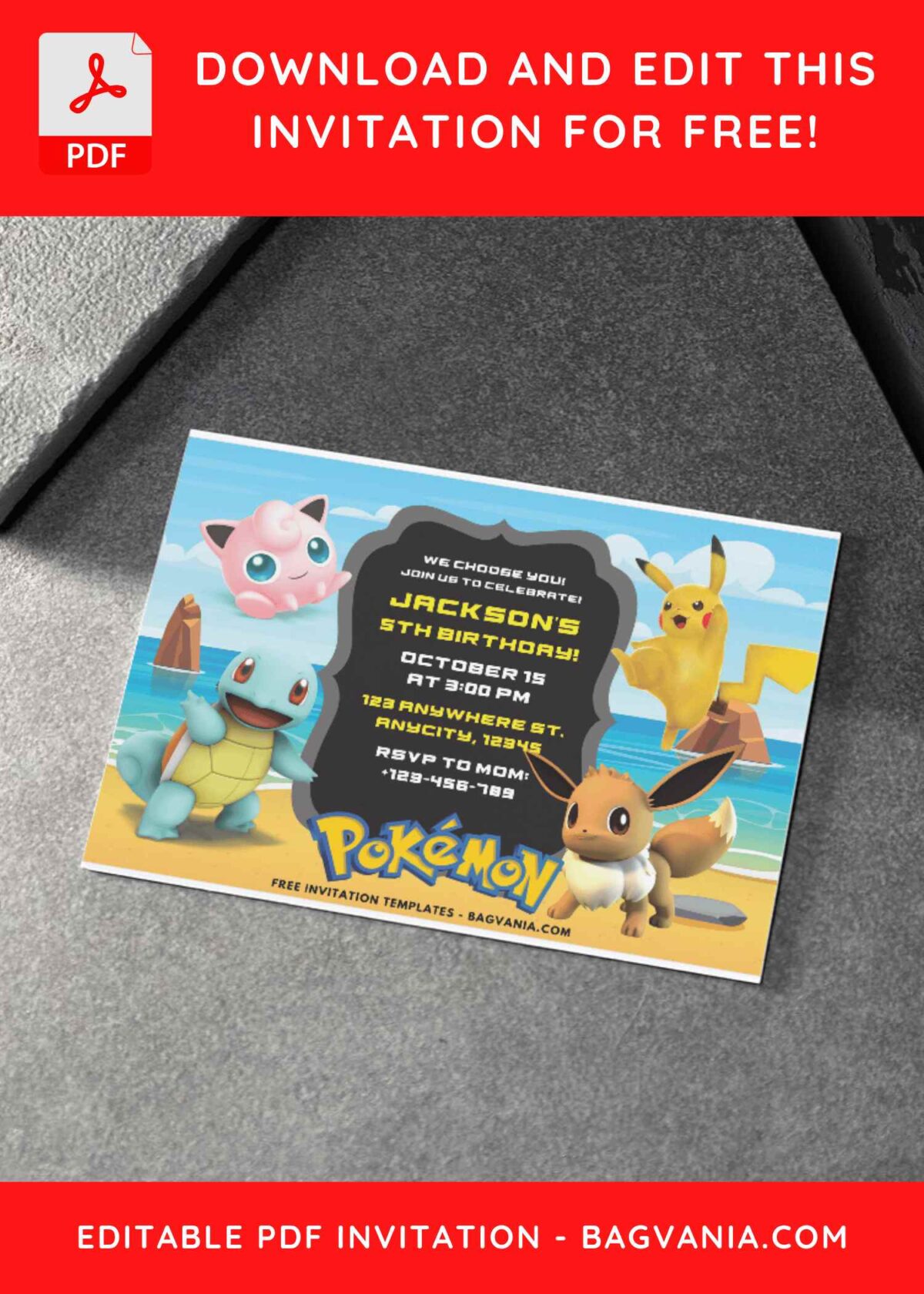 Ash Ketchum and Pikachu Pokemon Birthday Invitations