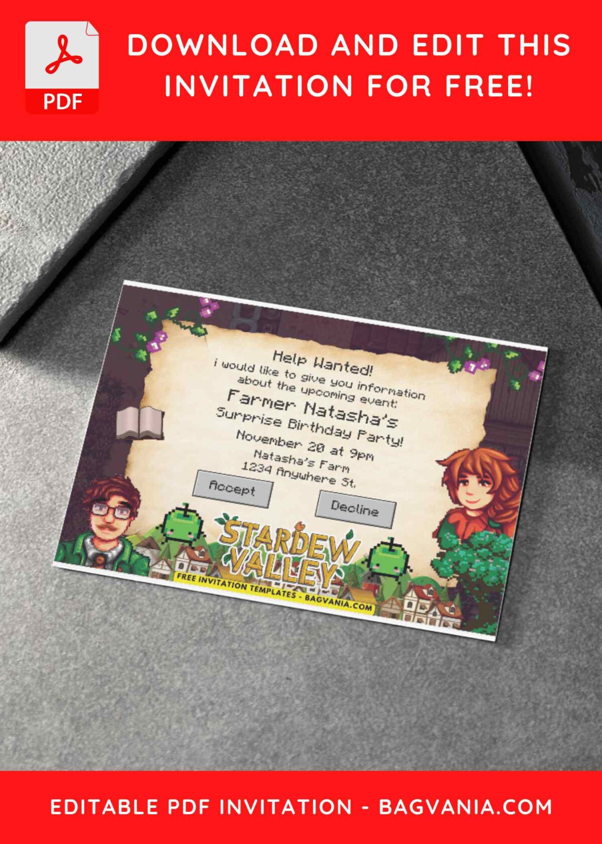 Stardew Valley Harvey and Junimo Birthday Invitation