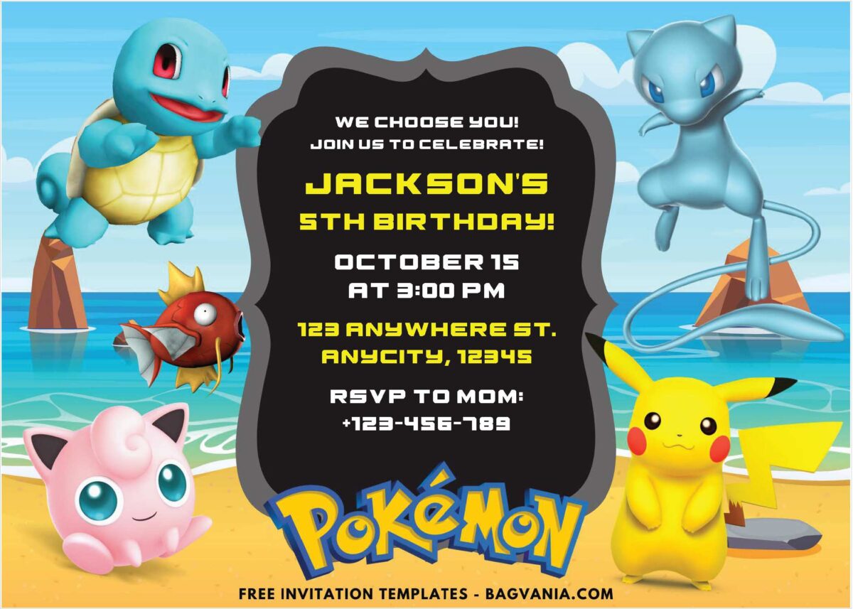 Adorable Pikachu and Mew Pokemon Birthday Invitations