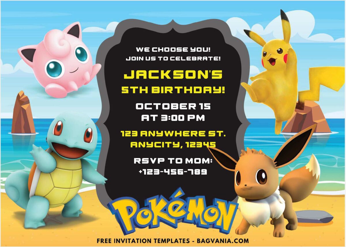 Pokemon Squirtle and Eevee Birthday Party Invitations