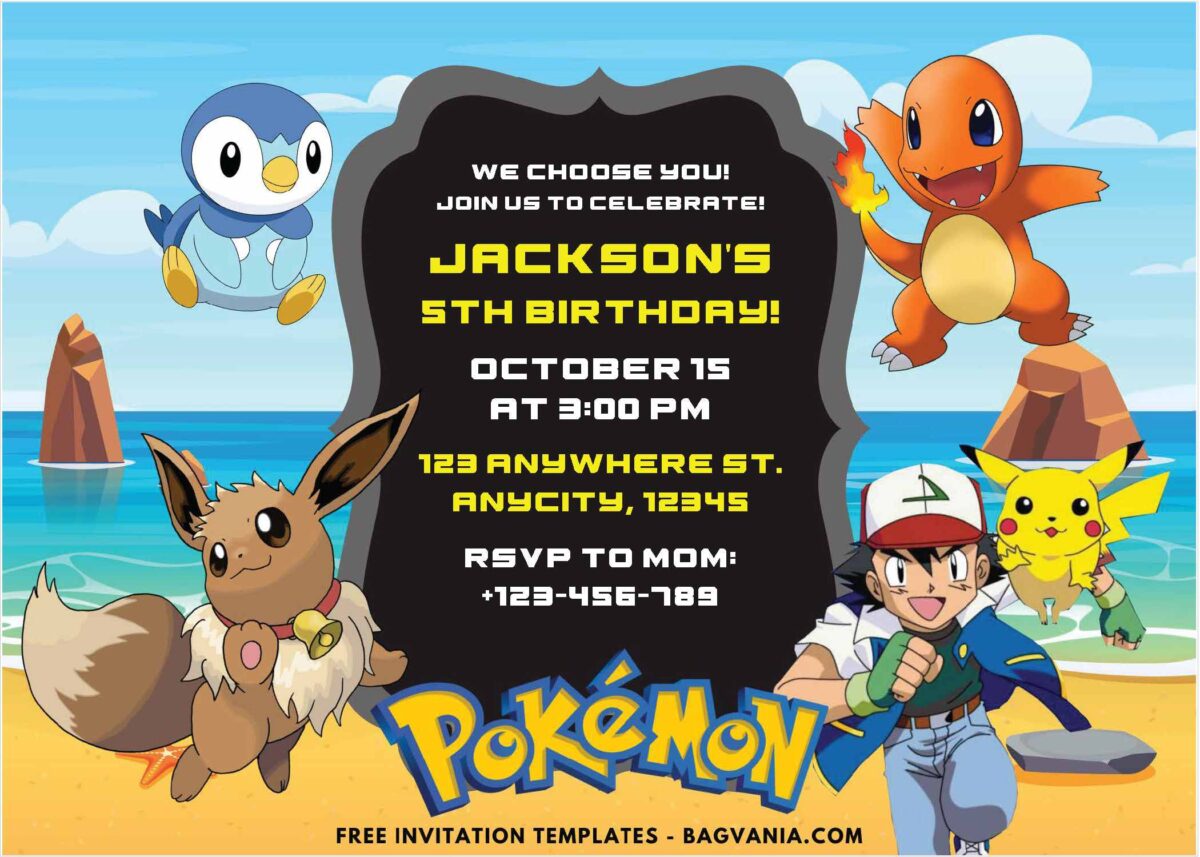 Pokemon Beach Birthday Party Invitations