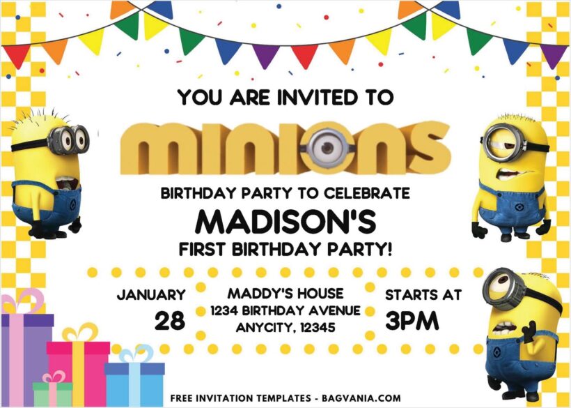 Yellow Checkered Border Despicable Me Birthday Invitations